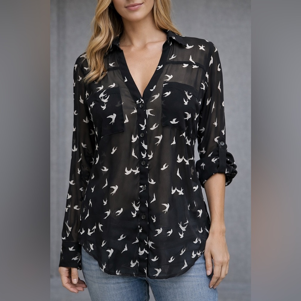 Express Bird Print Sheer Button Up Long Sleeve with Rolled Sleeve Tabs - XS